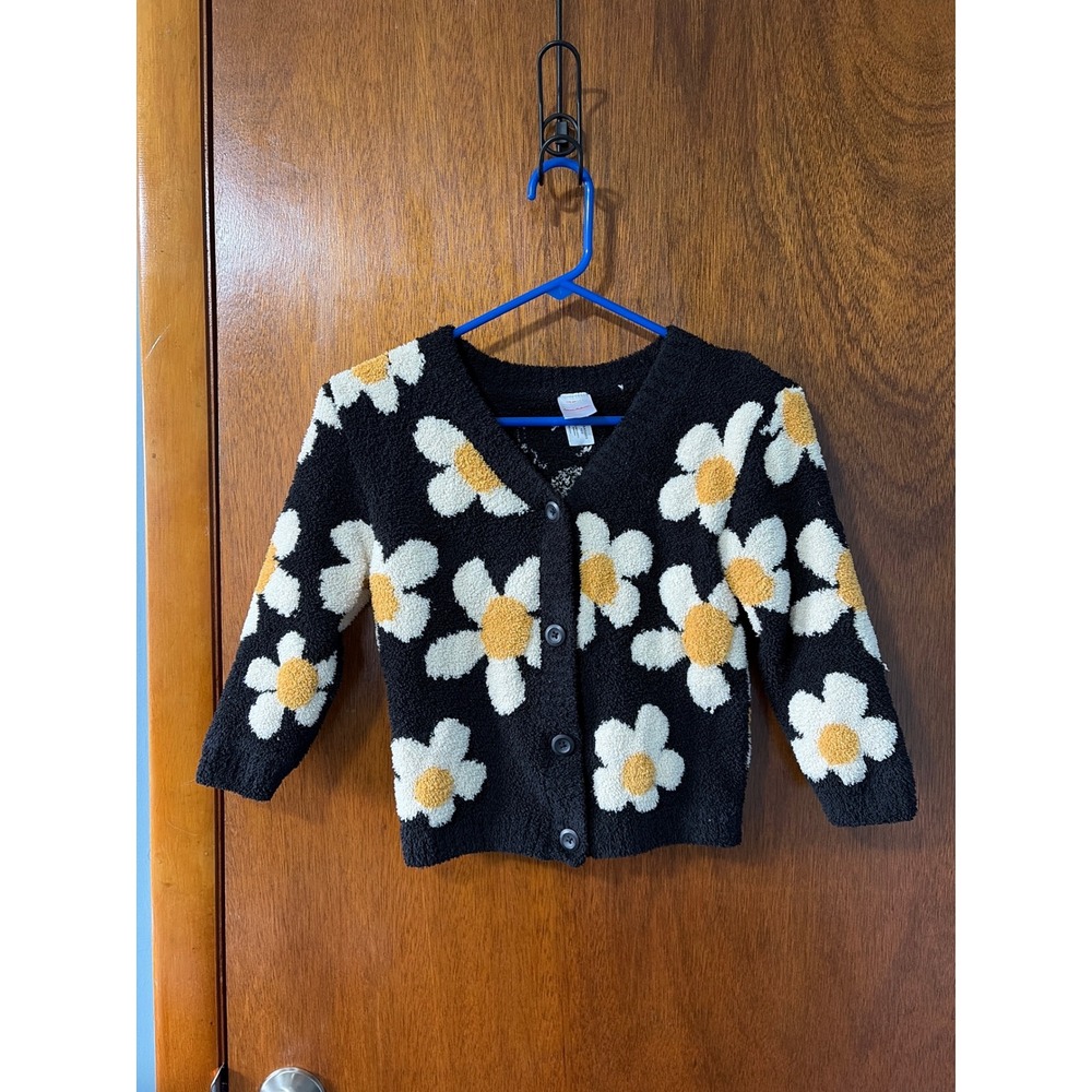 Hanna Andersson Kids Daisy Fuzzy Knit Cardigan Sweater Black Yellow Floral US 5